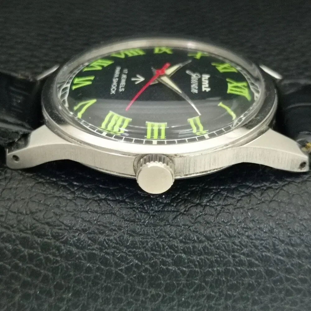 Vintage 1988 HMT Manual Wound Mens Silver Watch & Green accents